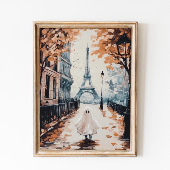 Cute Ghost In Paris Print Dark Academia Halloween Print Spooky Decor Ghost Poster Vintage Painting Halloween Preppy Neutral Painting