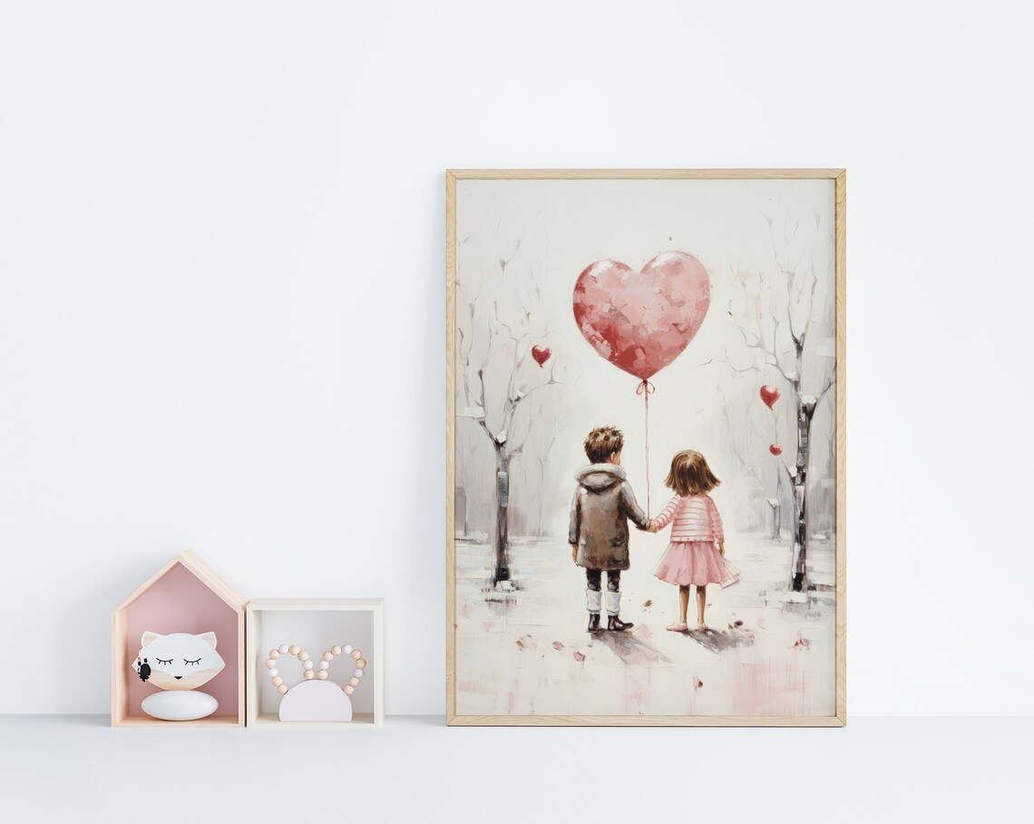 Little Boy And Girl Holding Hands With A Pink Heart Balloon Poster - Image 4