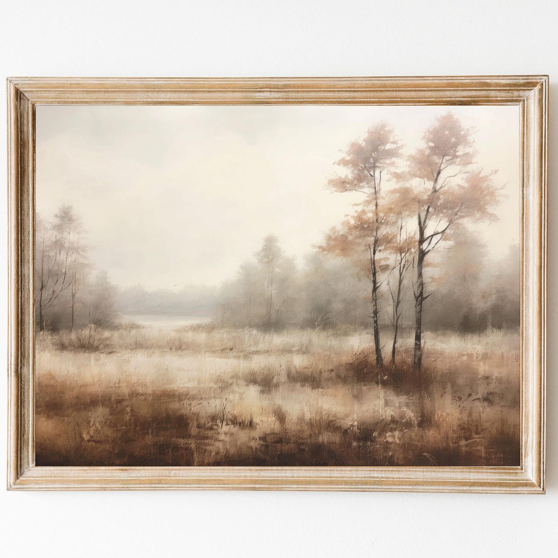 Misty Autumn Meadow With Birch Trees In Soft Brown Tones Poster