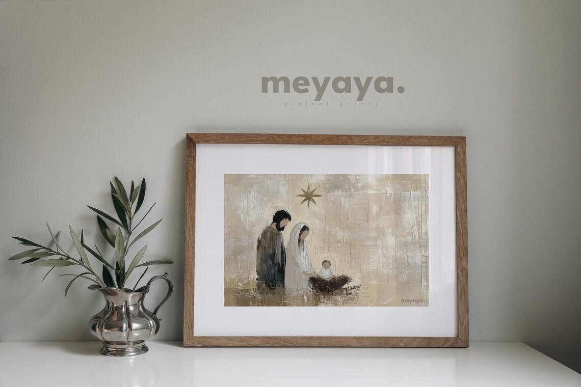 Nativity Scene Holy Family Star Minimalist Beige Christmas Poster - Image 2