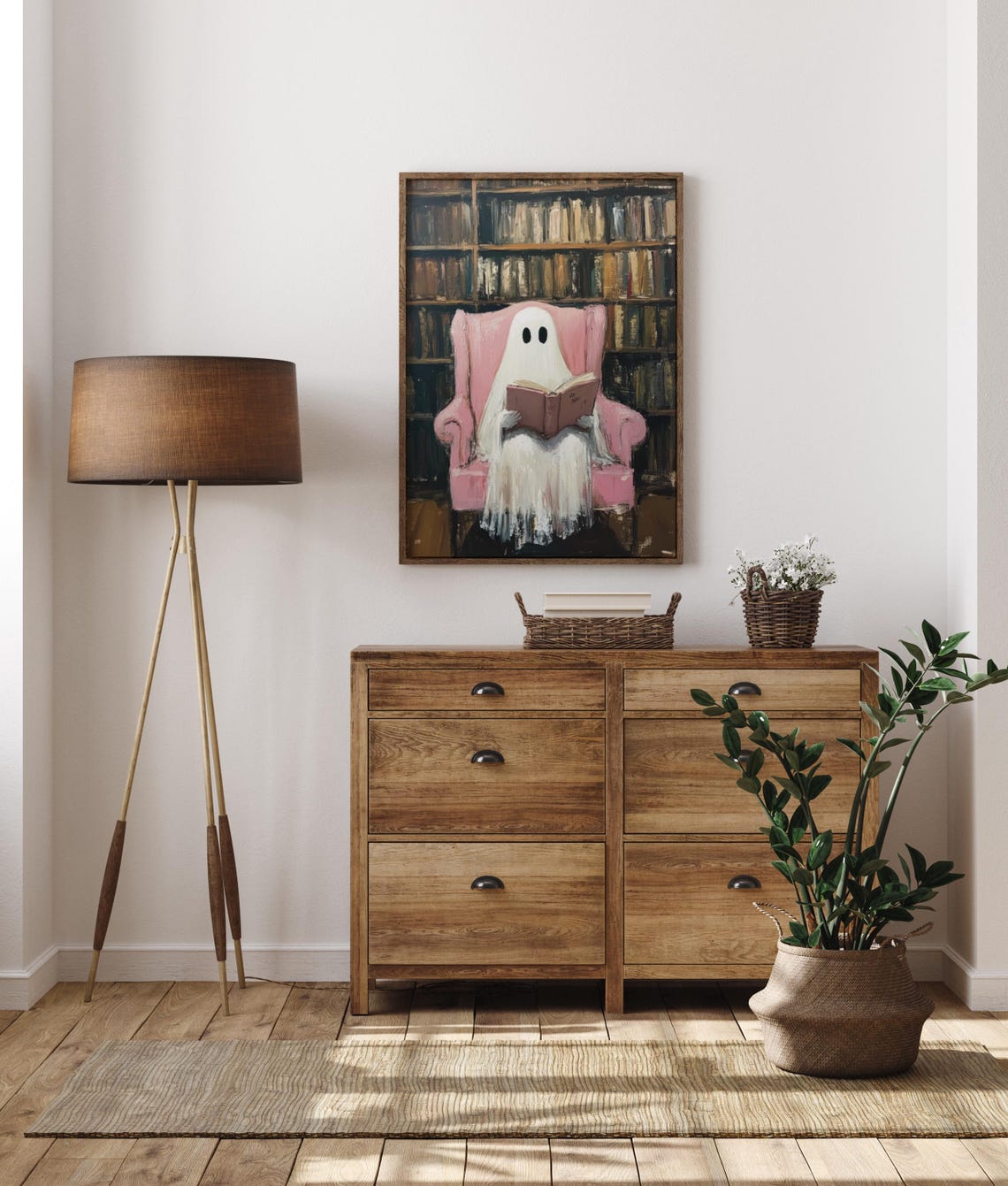 Ghost Reading in Pink Chair Library Halloween Art Wall Poster - Image 5