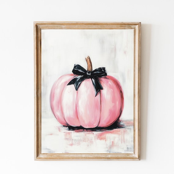 Pink Pumpkin With A Black Bow Minimalist Fall Painting Poster