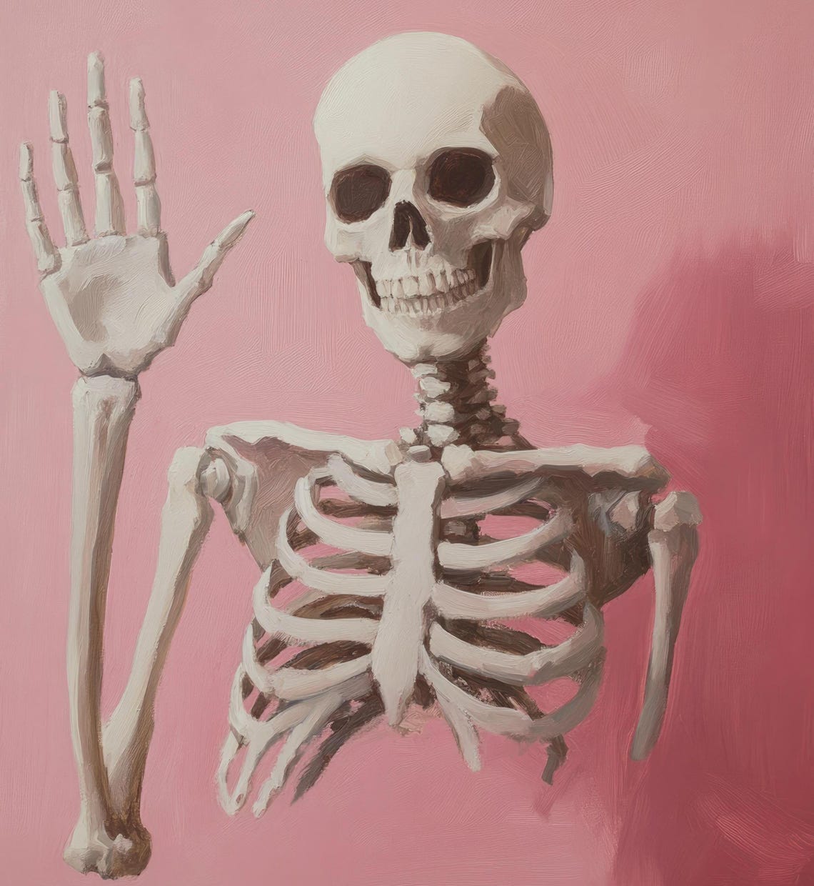 Playful Skeleton Waving Hand On A Pink Background Halloween Poster - Image 6