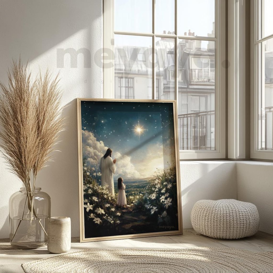 Jesus Girl Praying Bright Star Night Sky Floral Christian Poster - Image 6