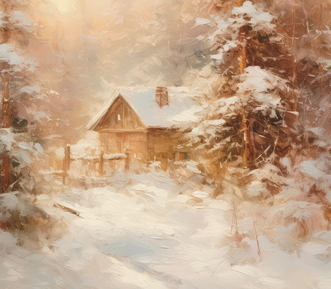 Snowy Log Cabin At Sunset Among Winter Pines Christmas Poster - Image 6