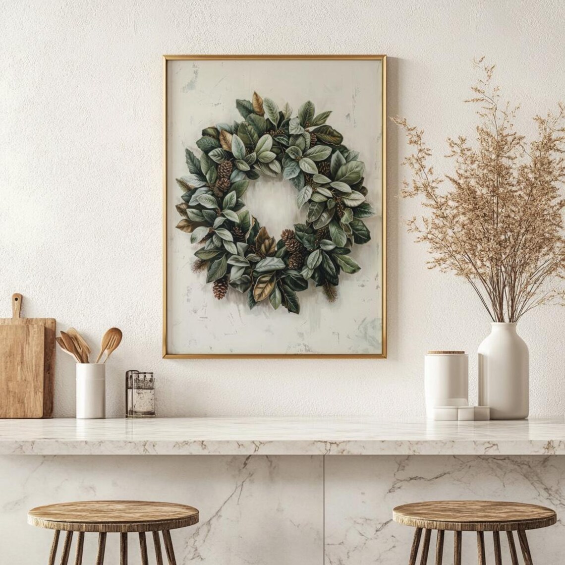 Christmas Wreath Vintage Oil Painting Art Print - Image 4