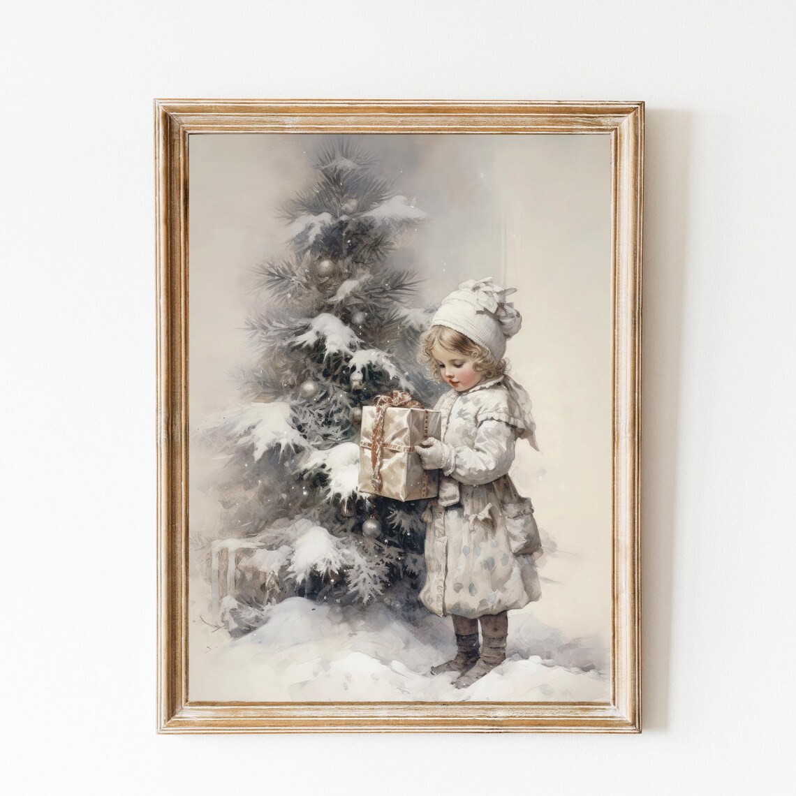 Little Girl With Christmas Gift Snowy Tree Vintage Holiday Poster