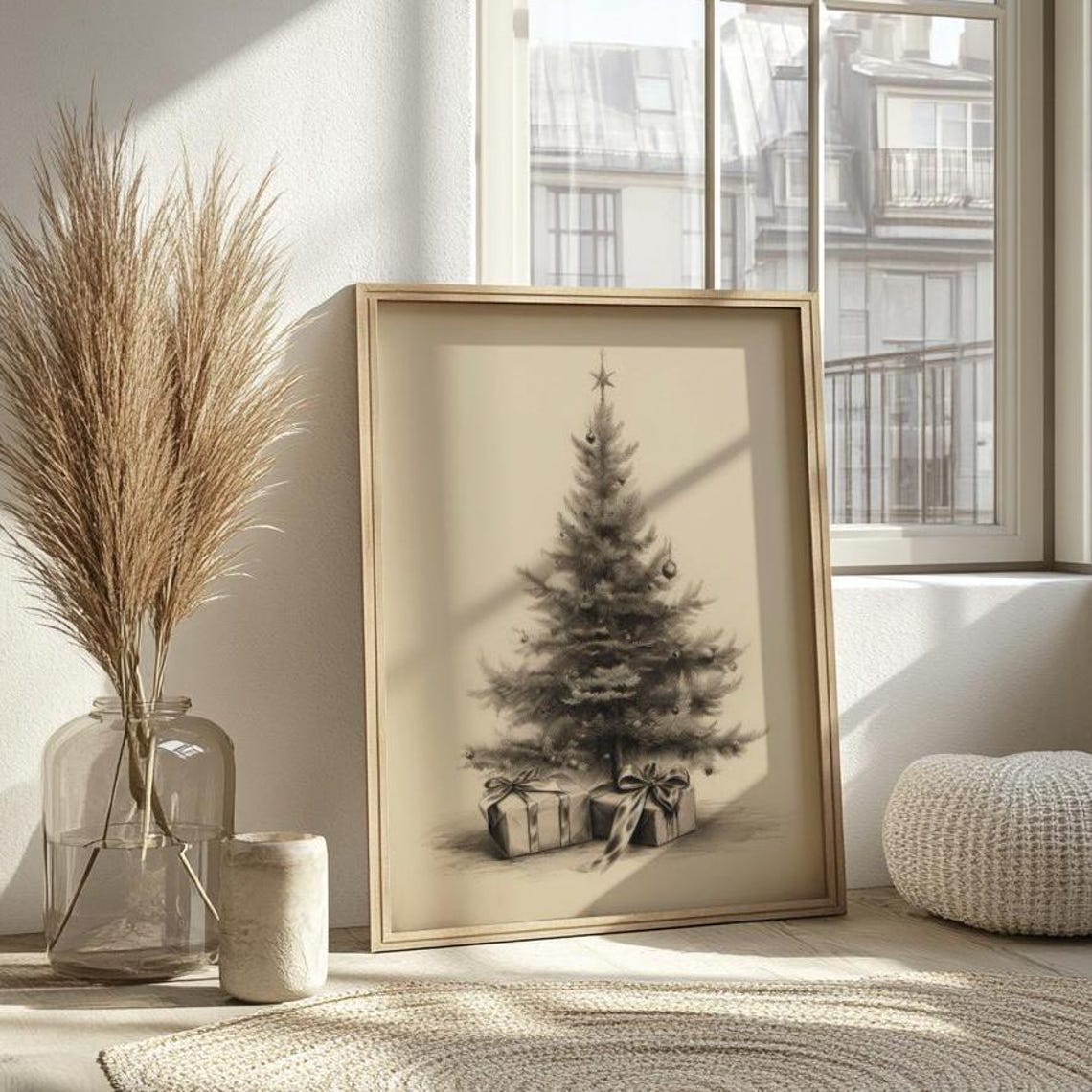 Sepia Pencil Sketch Christmas Tree With Gifts Vintage Holiday Poster - Image 6