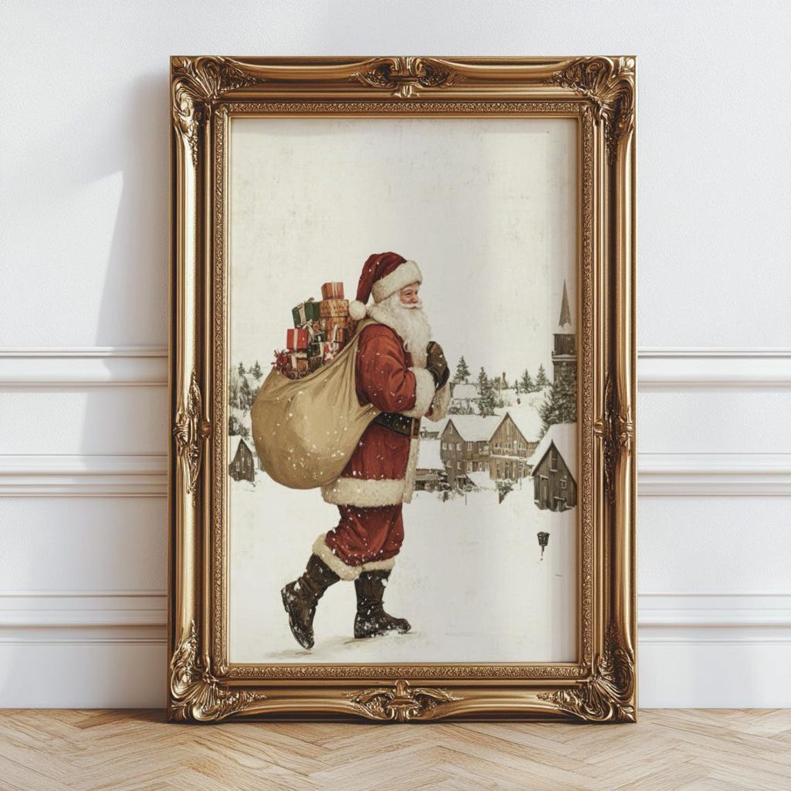 Vintage Santa Print Christmas Painting Holiday Decor Vintage Christmas Decor Farmhouse Christmas Print Winter Santa Wall Art - Image 4