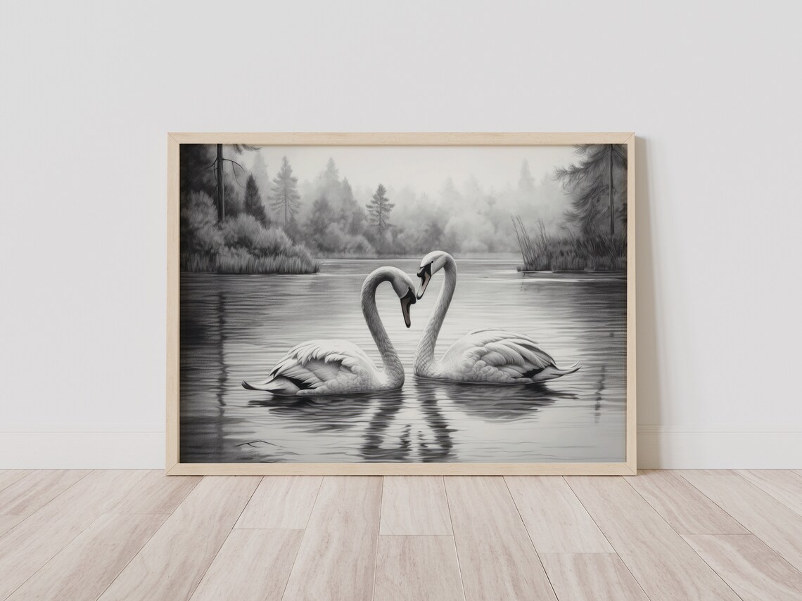 Two Swans Heart Shape Black And White Lake Vintage Love Poster - Image 2