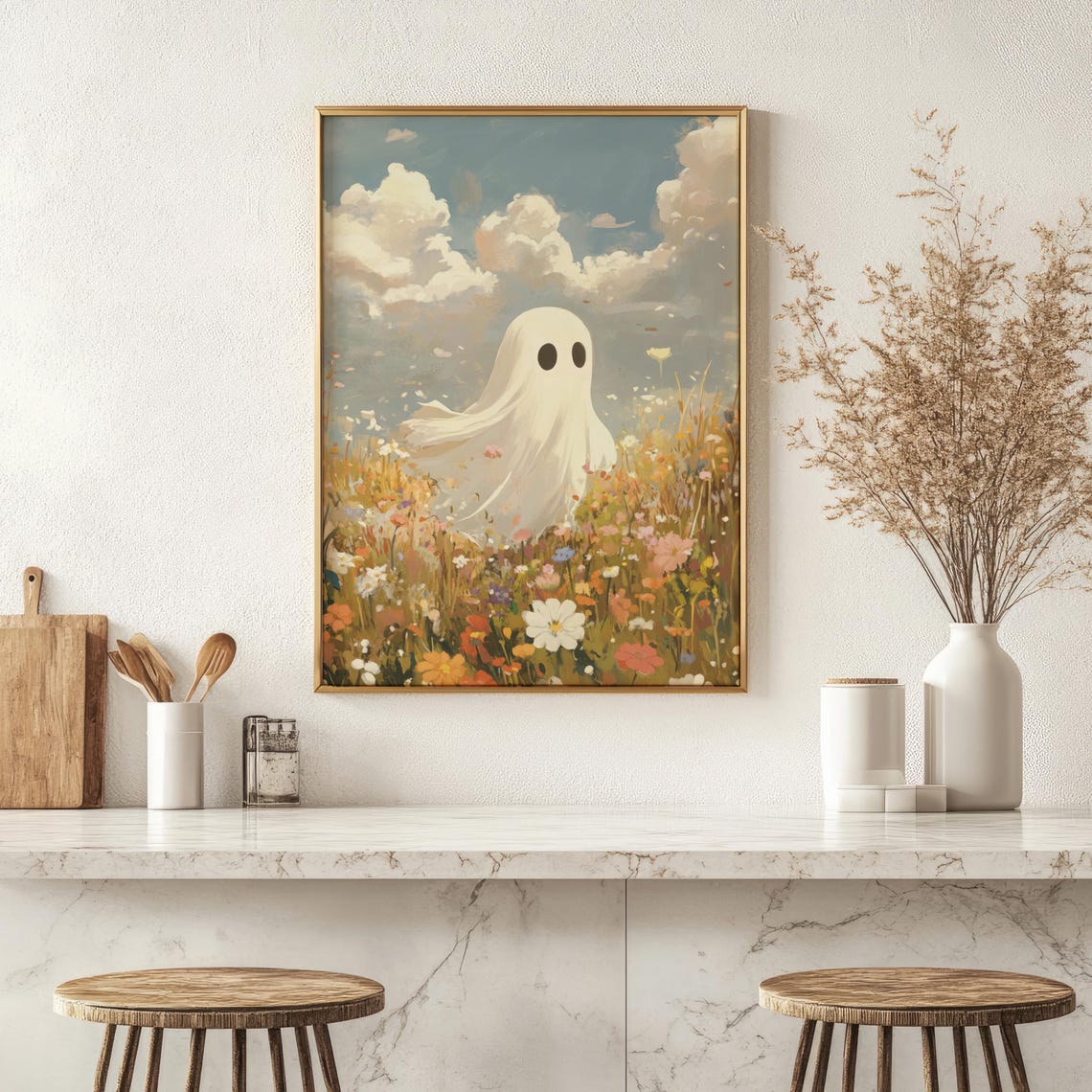 Cute Ghost in Wildflower Field Painting Sweet Art Wall Poster - Image 5