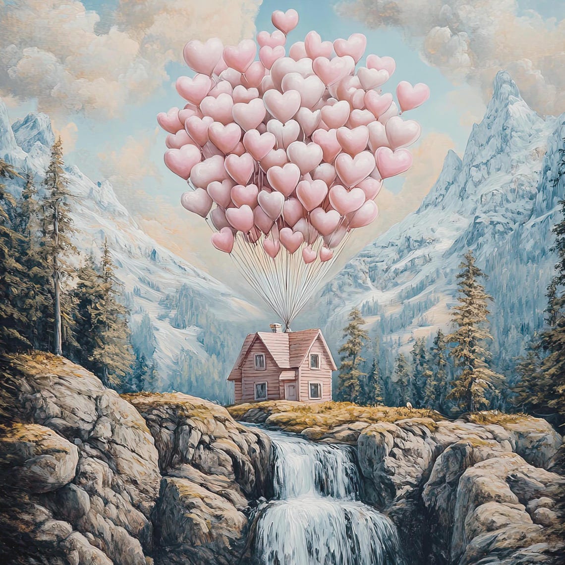 Heart Balloon House Flying Over Waterfall Mountain Wall Print - Image 6