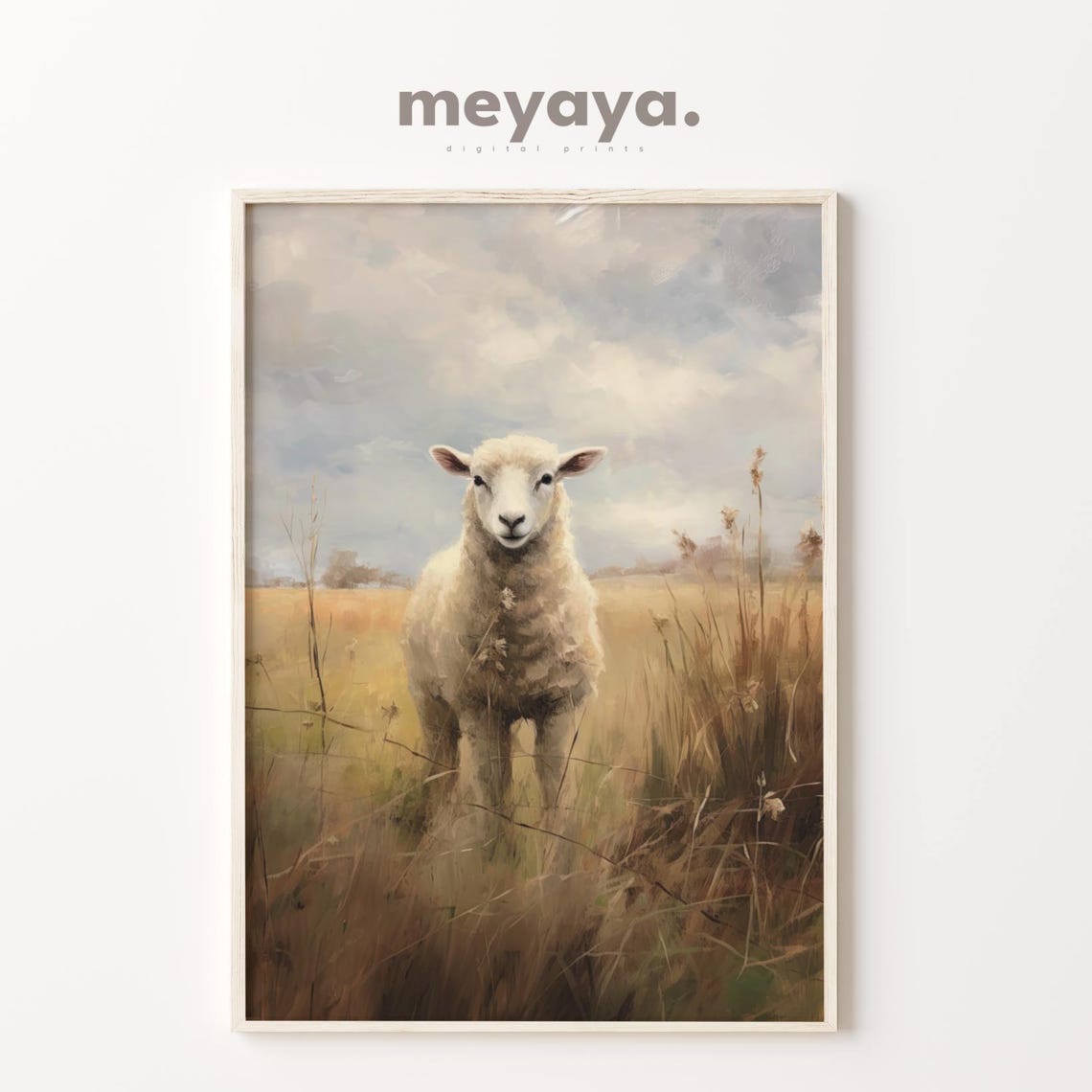 White Sheep Lamb Moody Field Vintage Oil Painting Wall Print - Image 3