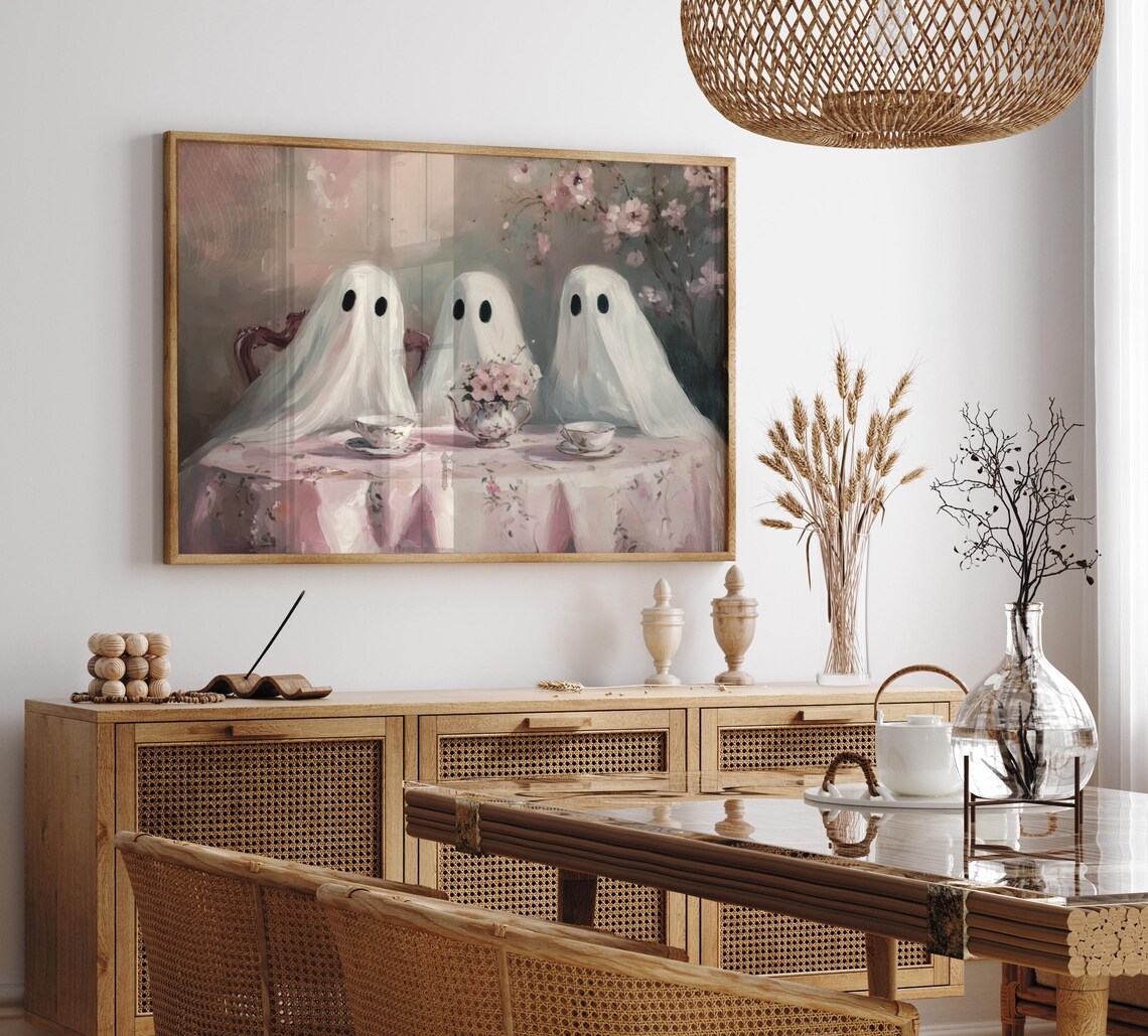 Vintage Ghost Tea Party Art Print, Pink Halloween - Image 5