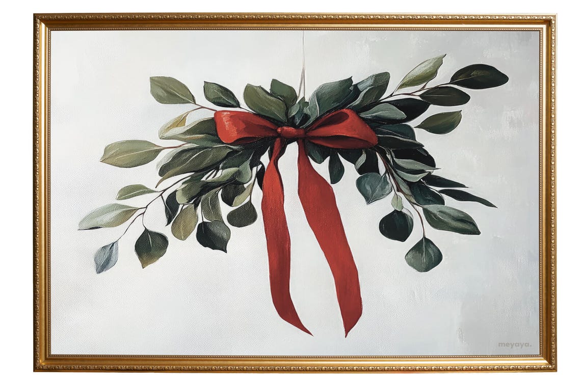 Mistletoe Swag Red Velvet Bow Eucalyptus Minimalist Christmas Poster - Image 6
