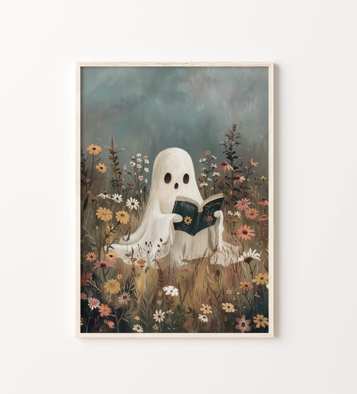 Cute Ghost Reading in Flower Field Halloween Print - Image 5