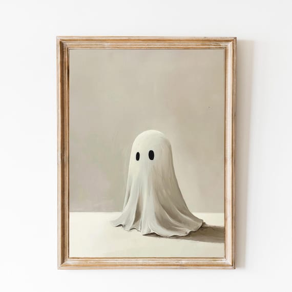Minimalist Cute Ghost On A Warm Beige Background Simple Poster