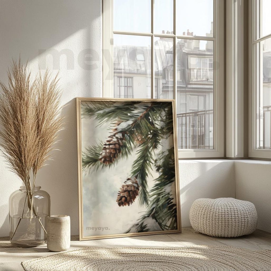 Snowy Pine Branches Pinecones Vintage Botanical Winter Painting Poster - Image 6