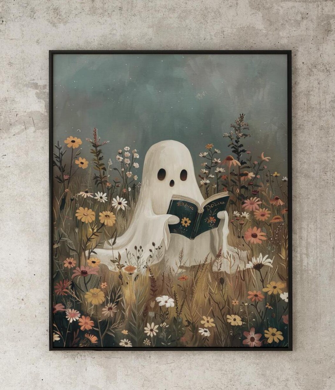 Cute Ghost Reading in Flower Field Halloween Print - Image 3