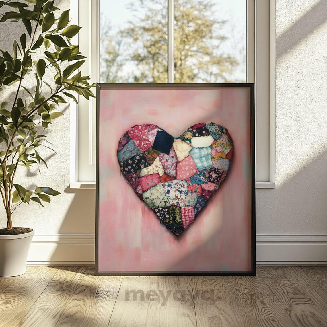 Patchwork Quilt Heart Pink Vintage Folk Art Romantic Wall Print - Image 3