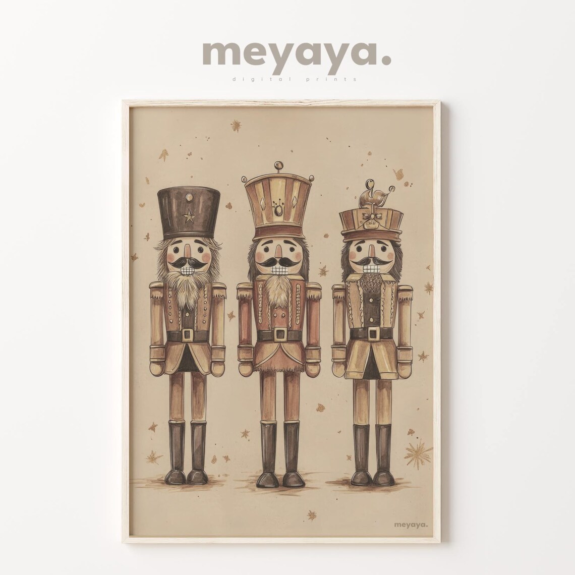 Three Wooden Nutcrackers Starry Tan Vintage Christmas Art Poster - Image 2