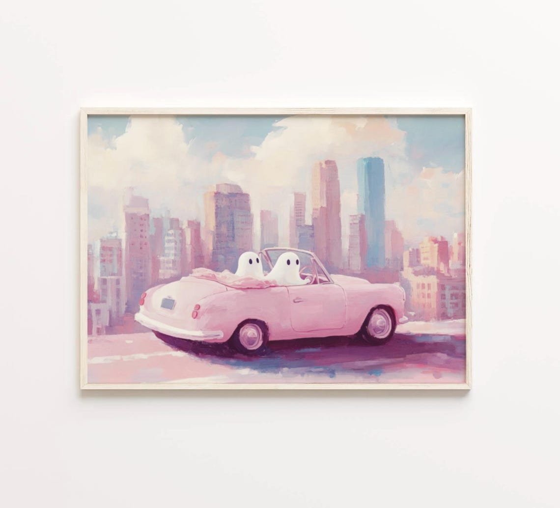 Two Cute Ghosts Riding A Pink Vintage Convertible In The City Poster - Image 5