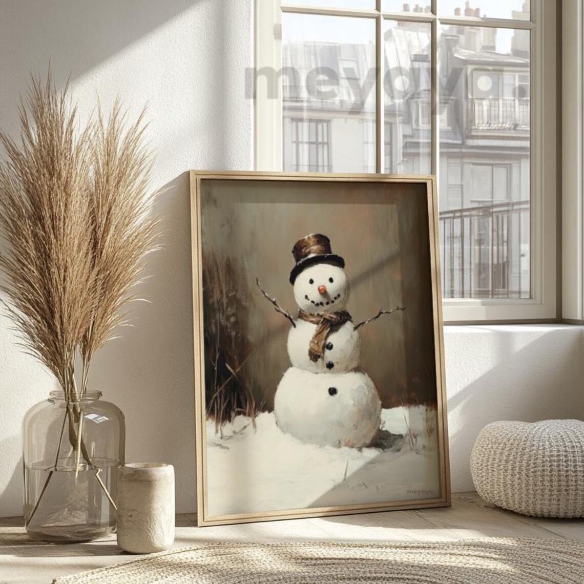 Brown Christmas Snowman Art Print, Rustic Holiday Decor - Image 4
