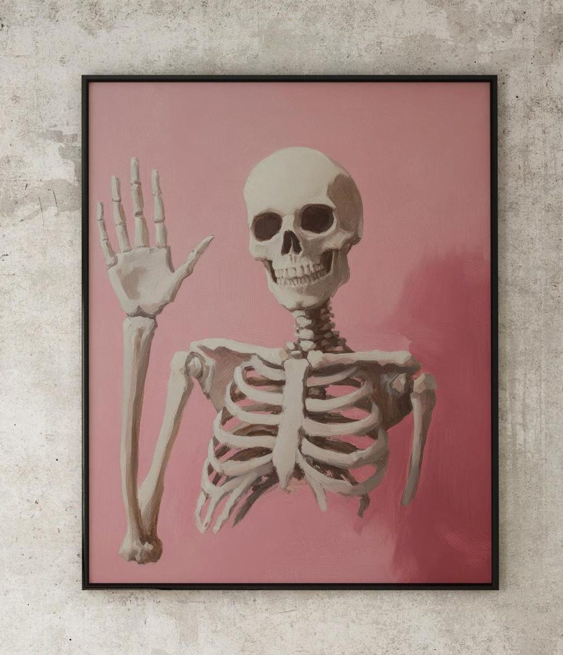 Playful Skeleton Waving Hand On A Pink Background Halloween Poster - Image 2