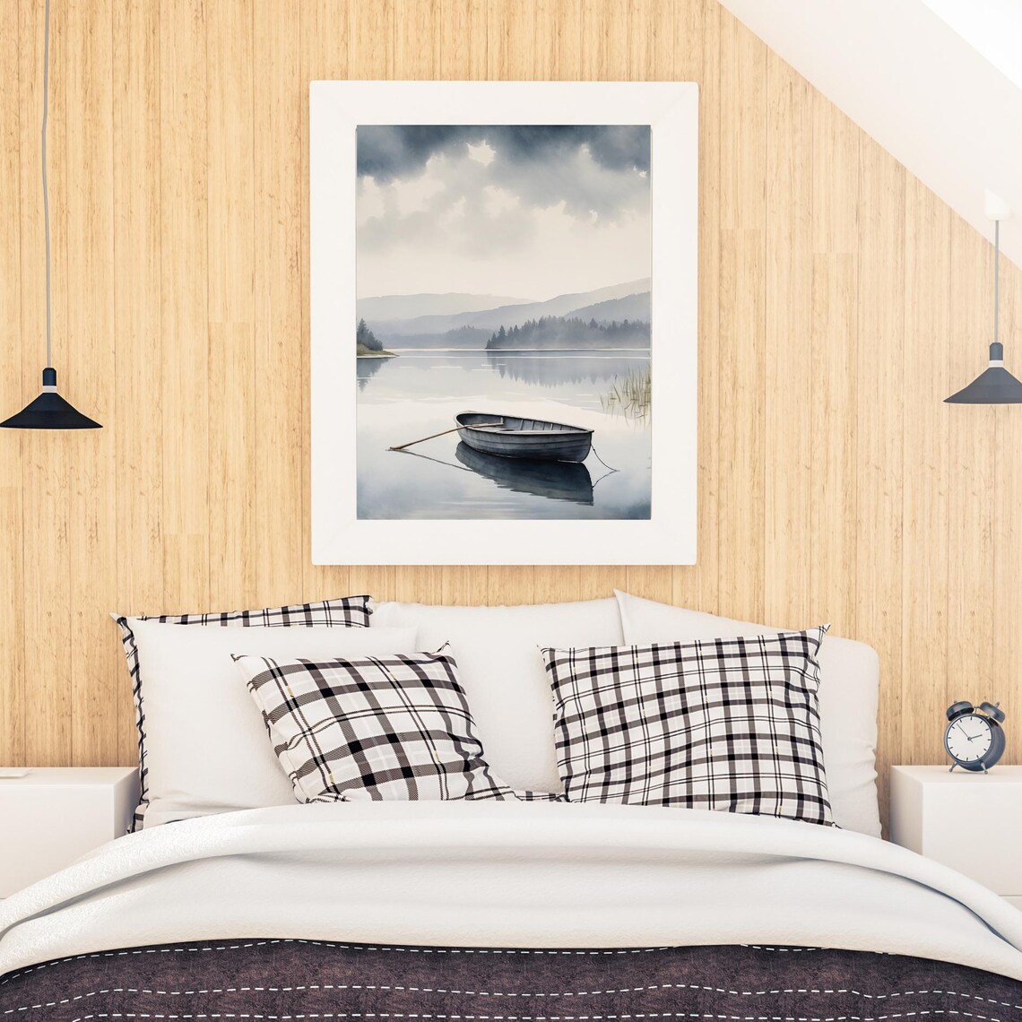 Moored Wooden Rowboat On A Misty Gray Lake Calm Watercolor Poster - Image 2
