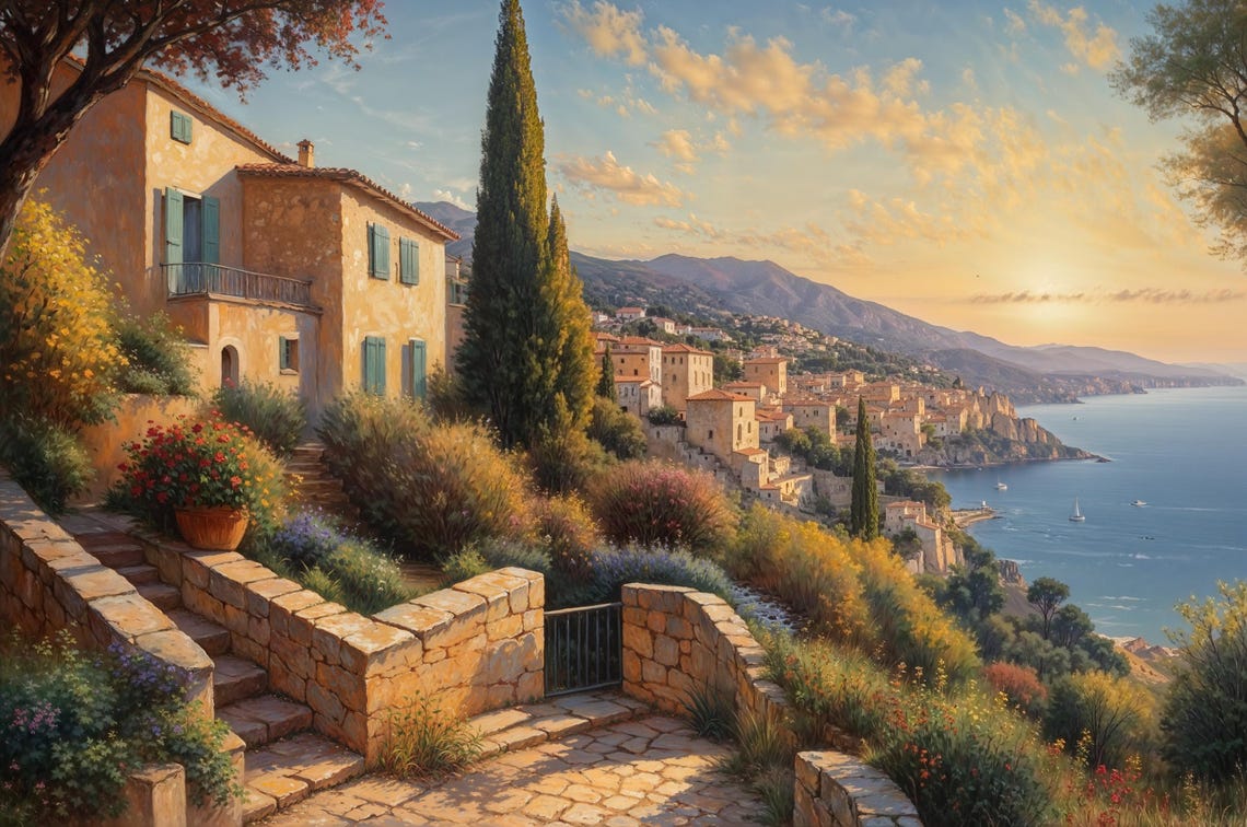 Mediterranean Coastal Village Sunset Seascape Landscape Art Poster - Image 2