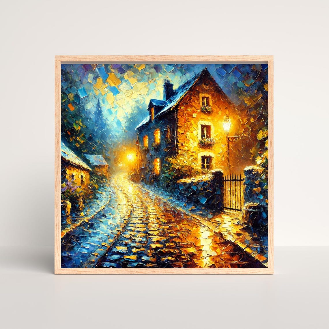 Rainy Night Cobblestone Street Glowing Lamps Impasto Art Poster - Image 2