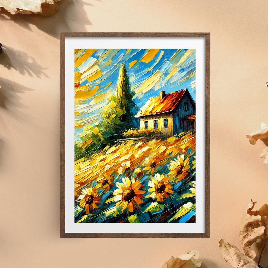 Sunflower Field On A Hill With Cottage Impasto Oil Art Poster - Image 2