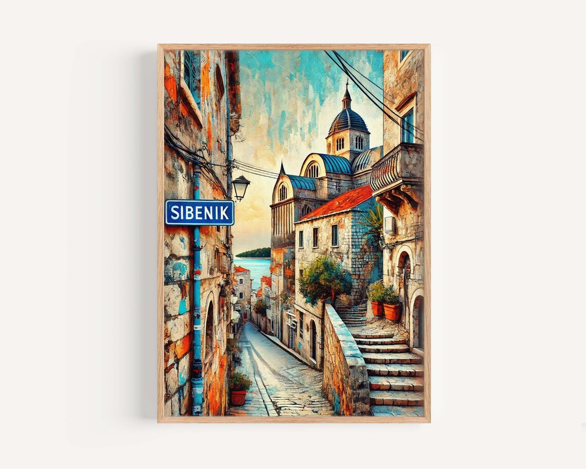 Šibenik Croatia Historic Old Town Alley Watercolor Street Art Poster
