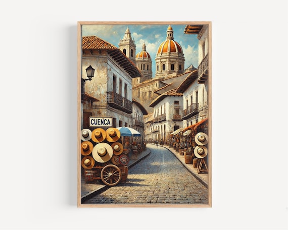 Cuenca Ecuador Old Town Panama Hats Cathedral Vintage Travel Poster