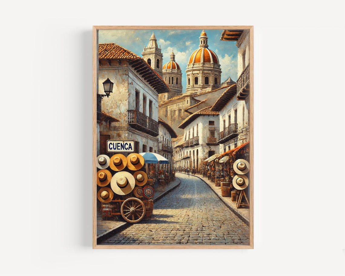 Cuenca Ecuador Old Town Panama Hats Cathedral Vintage Travel Poster