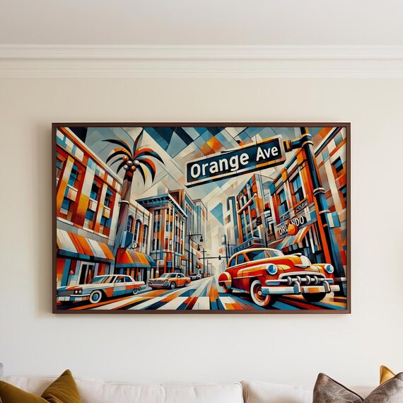Orange Avenue Orlando Florida Cubism Poster Classic Cars Downtown