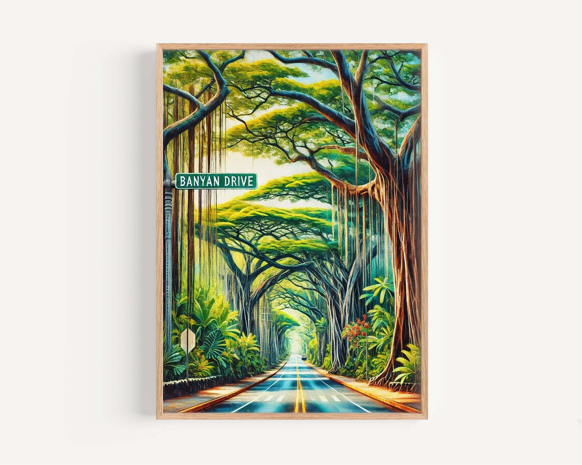 Banyan Drive Hilo Hawaii Travel Poster Tree Tunnel Road Lush Jungle Art