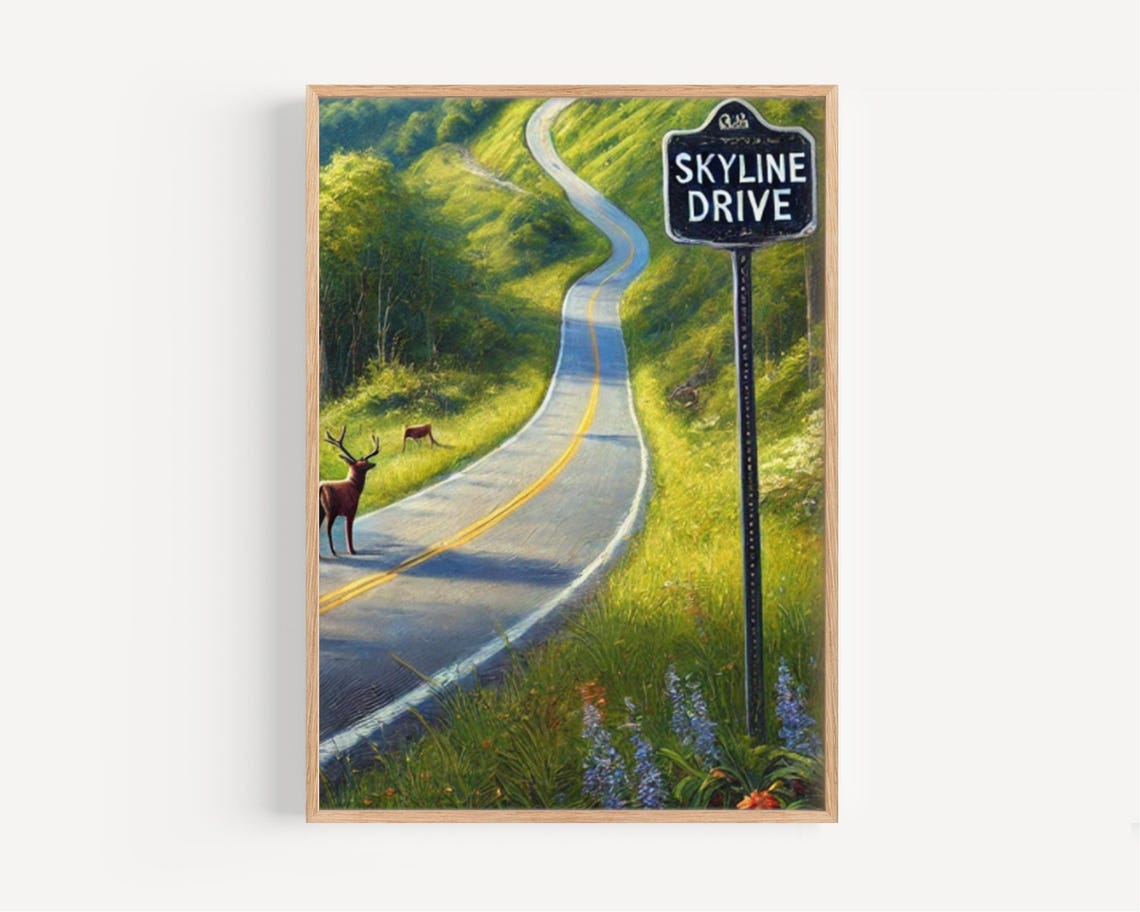 Skyline Drive Virginia Winding Road Deer Wildlife Scenic Poster