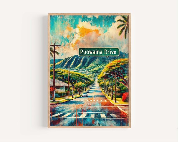 Puowaina Drive Honolulu Hawaii Mountain View Street Travel Poster Art