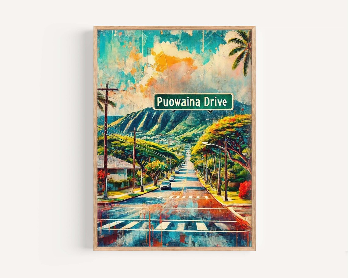 Puowaina Drive Honolulu Hawaii Mountain View Street Travel Poster Art
