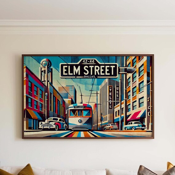 Elm Street Dallas Texas Cubism Street Sign Travel Poster Retro