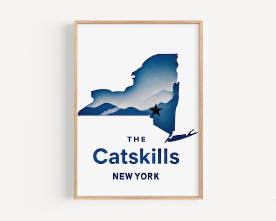The Catskills New York Blue Mountain State Map Rustic Art Poster