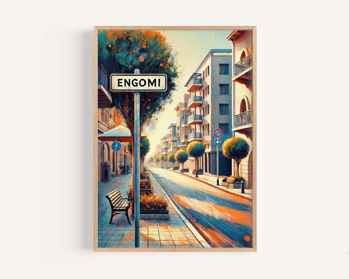 Engomi Cyprus Sunlit Street With Apartments Colorful Art Poster