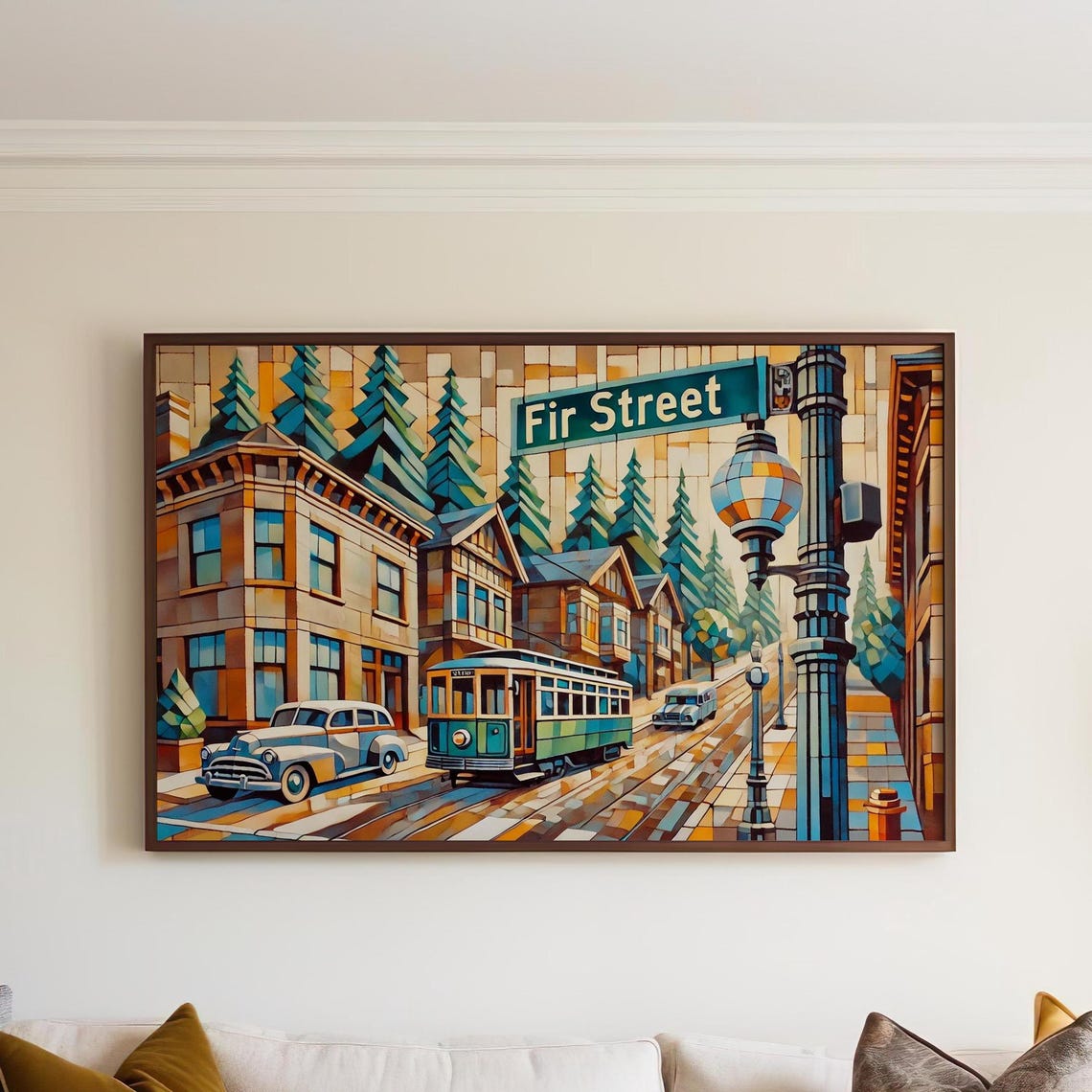Fir Street Vintage Streetcar Retro Mosaic Style Cityscape Poster