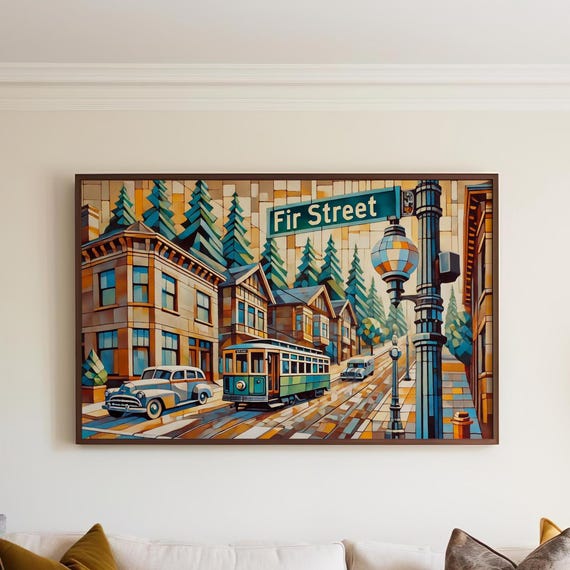 Fir Street Wall Art Print Portland Oregon Travel Poster Housewarming Decor Souvenir Cityscape Illustration