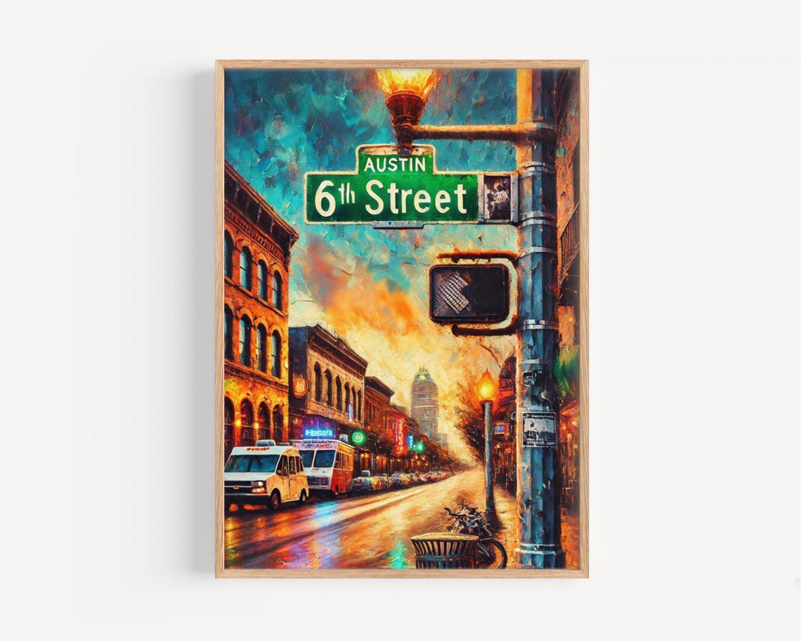 Austin 6th Street Music City Sunset Street Scene Art Painting Poster