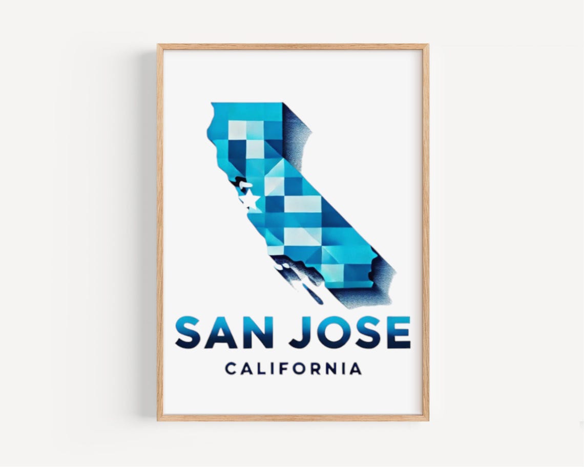 San Jose California Blue Geometric State Map Modern Travel Poster