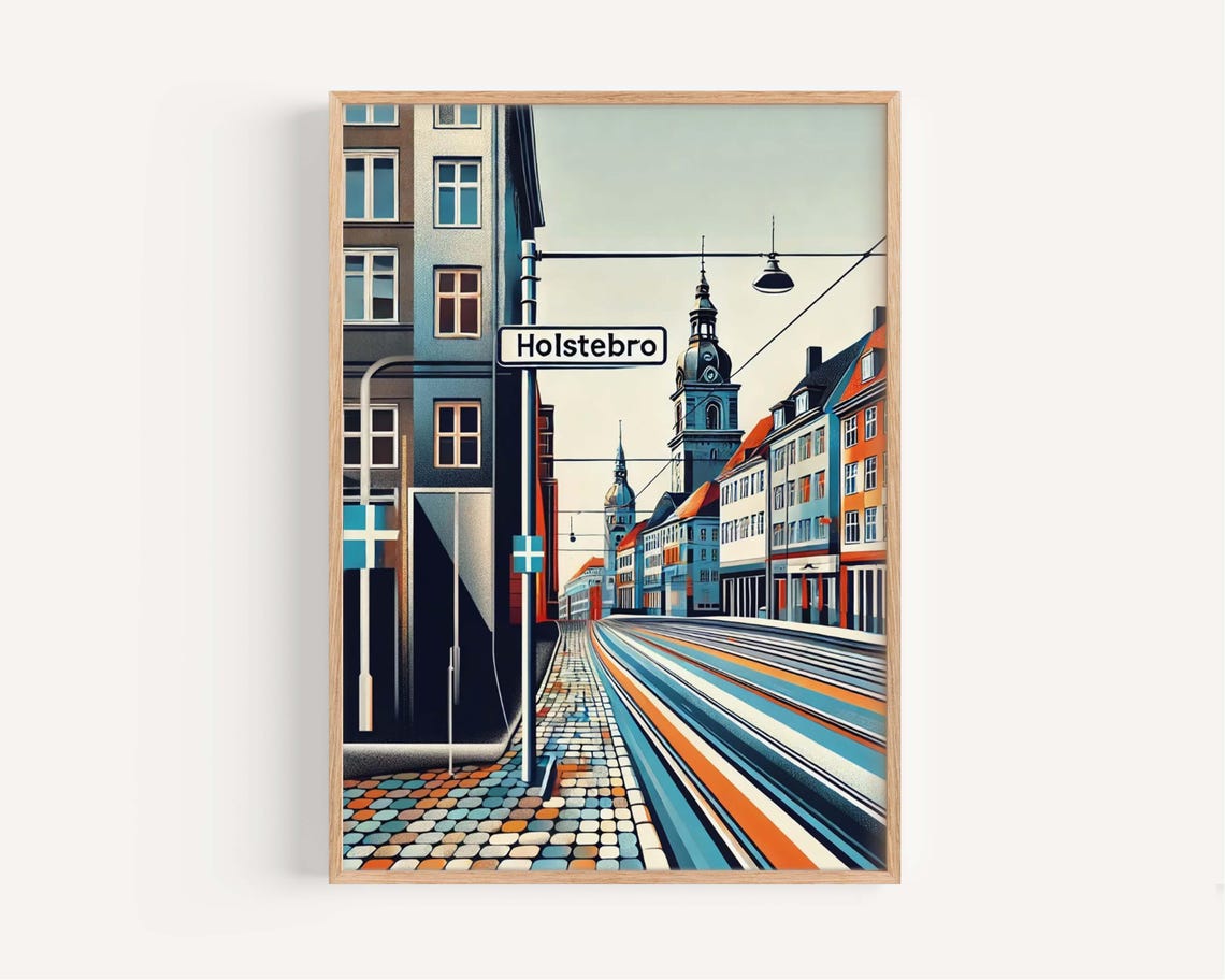 Holstebro Denmark Church Tower Cobblestone Street Art Poster