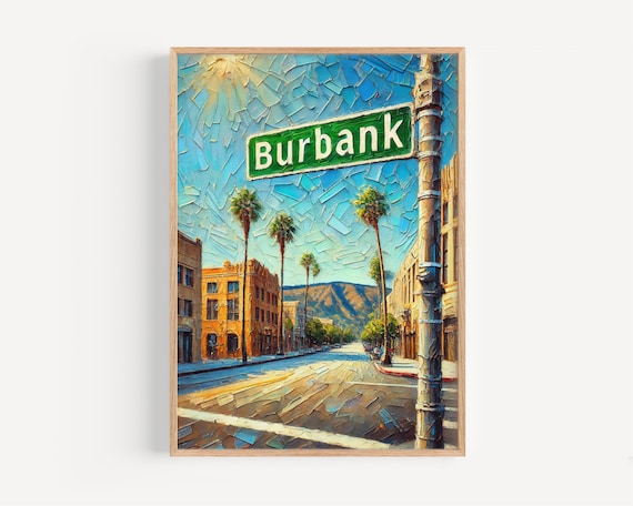 Burbank California Palm Street Sign Impasto Travel Art Poster