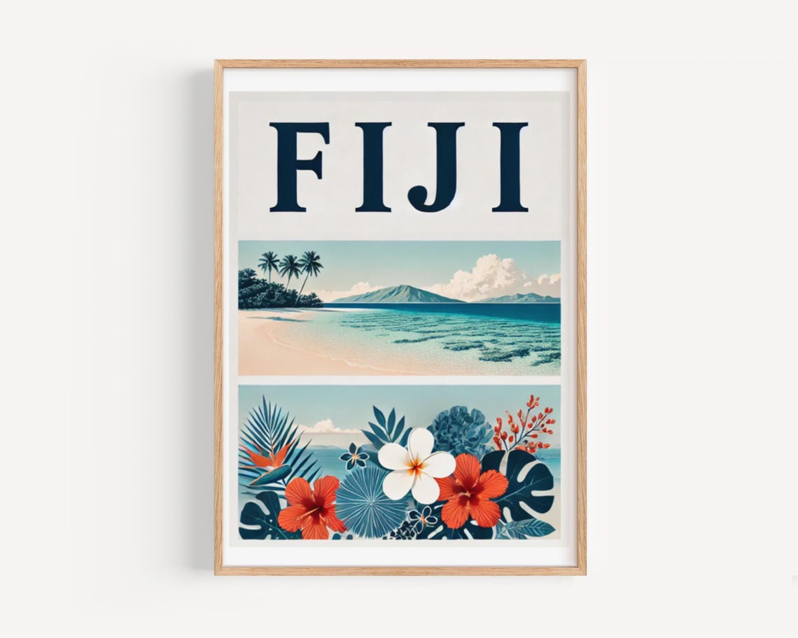 Fiji Island Tropical Turquoise Beach Hibiscus Floral Travel Poster